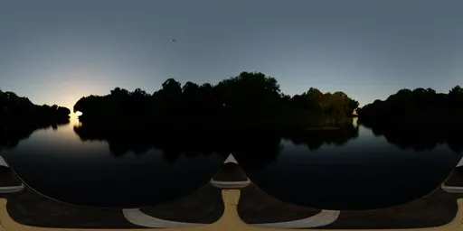 Tranquil dawn river scene with reflections in HDR for realistic lighting in 3D visualization and graphics.