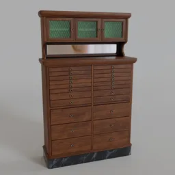 "Antique Dental Cabinet 3D Model for Blender 3D: A wooden cabinet with glass top and drawers, inspired by Art Deco style, featuring shiny knobs and dark green color scheme. Perfect for adding a touch of history and craftsmanship to your period scenes."