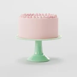 3D Blender model of a pink frosted cake with detailed sprinkles on a pastel stand, ideal for dessert renderings.