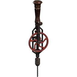 Detailed Blender 3D model of a vintage manual hand drill with a wooden handle and iron gear.