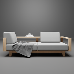 "Convertible oak wood sofa bed with a blanket and table set in a minimal white-grey color palette, perfect for your interior design project in Blender 3D. Model by Marten Post, rendered in Redshift."