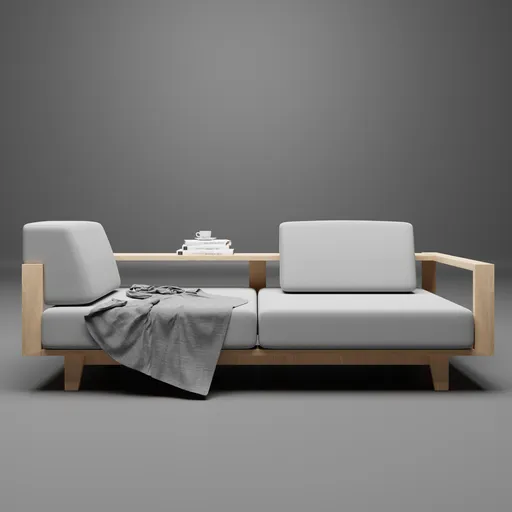 Detailed Blender 3D render of a modern convertible sofa bed with wooden frame and gray cushions.