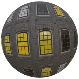 High-resolution PBR brick facade texture with illuminated windows for 3D Blender materials and architectural visualization.