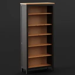 Detailed 3D model of a tall, empty wooden bookshelf with five shelves against a neutral background, compatible with Blender.