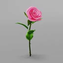 Stylized 3D rose model with vibrant pink petals and green leaves, ideal for Blender animations and game assets.