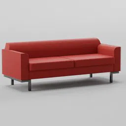 Red three-seater contemporary sofa 3D model, detailed furniture rendering, suitable for Blender visualization.