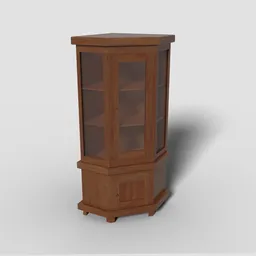 "Corner display cupboard featuring glass doors and panels in a colonial style. This monochrome 3D model is complete with detailed body, phong shading, and rounded corners. Perfect for your Blender 3D projects."