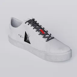 Realistic white sneaker 3D model with black laces and logo, detailed texture, suitable for Blender rendering.