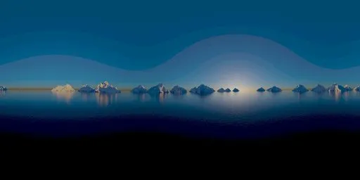 Serene ocean HDR panorama with snowy peaks for realistic 3D scene lighting.
