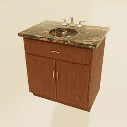 "High quality 3D model of a bathroom vanity sink table for Blender 3D. Realistic textures including seamless wood, marbled surface, and copper and emerald inlay. Perfect for professional product photography and hard surface modeling."