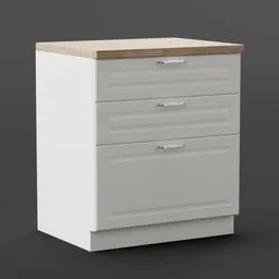 Detailed 3D model of a white storage cabinet with wood countertop for Blender rendering.