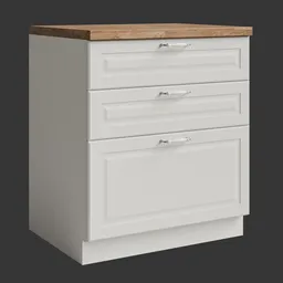 Detailed 3D model of a white storage cabinet with wood countertop for Blender rendering.