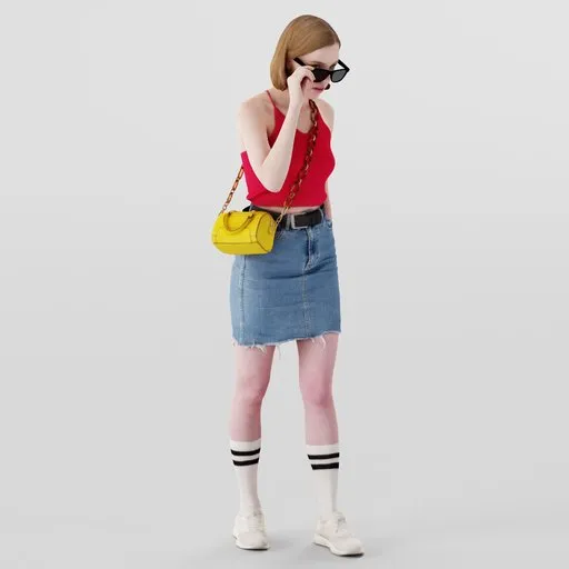 3D Blender model of a stylish petite blonde woman with glasses, denim skirt, red top, and yellow purse.