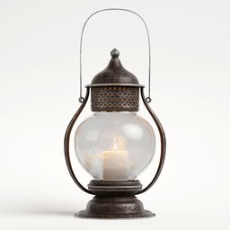"Vintage black lantern with candle inside, 3D model for Blender 3D. Inspired by Hans Gude's preservation of historical aesthetics, made with cast iron material and perfect for creating a cozy atmosphere. Ideal for low spatial lighting in Unreal Engine 5 and rendered with Octane Render."