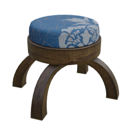 "Low walnut stool with painted leather upholstery, modeled in Blender 3D. PBR materials and chinoiserie wallpaper inspired by Dai Jin's Japanese woodblock prints. High resolution with wooden frame and blue and white cushion."