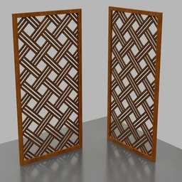 "Wooden partition with pattern design ideal for interior decoration. CAD model rendered with Blender 3D featuring nesting glass doors, flat metal hinges and herringbone flooring. Perfect for modern and Polynesian style interiors."