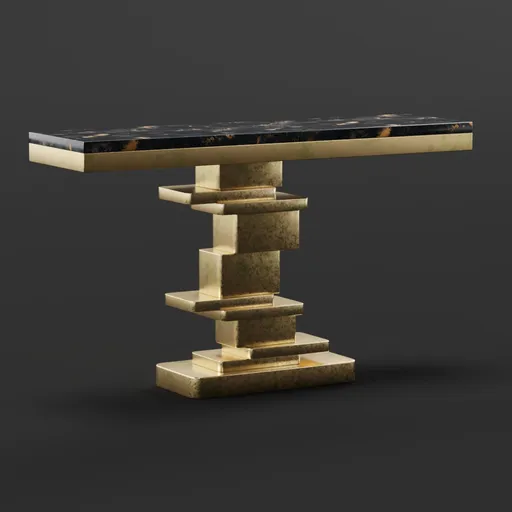 3D Blender model of a golden base console table with black marble top showcasing geometric design.