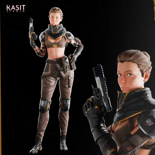 Game-ready 3D model of a woman hero with PBR textures and full facial rigging, inspired by Helldivers, without weapons.