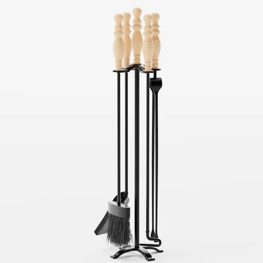 Detailed 3D model of a fireplace tool set with broom, shovel, poker, and pliers, suitable for Blender rendering.