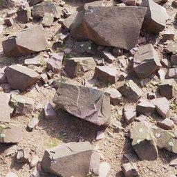 Realistic 3D model of scattered rocks with PBR textures, ideal for Blender virtual environments.