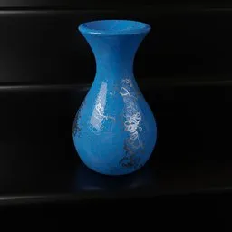 Blue 3D-rendered vase with intricate white abstract designs created in Blender software for decorative purposes.