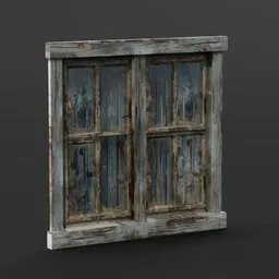 Weathered 3D model of an old wooden window with broken panes, suitable for Blender rendering.