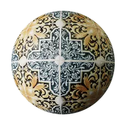 Ornate black and gold patterned tile PBR material for Blender 3D, 2K resolution.