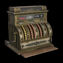 Detailed vintage cash register 3D model with ornate design for Blender rendering, showcasing high-resolution textures and materials.