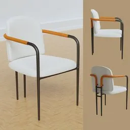 "Fully textured and mapped dining chair 3D model for Blender 3D. Comes in three different designs and colors, featuring birch and pale orange hues. Compatible with Vray and Arnold rendering engines. Created in 2019 and available on BlenderKit by Louise Abbéma."