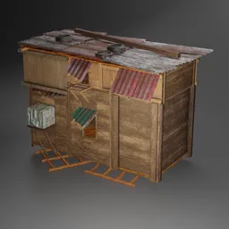 "Shantytown Symphony" 3D model for Blender depicts a dystopian slum with small and cramped houses made of scrap materials such as wood, metal, and corrugated iron. Inspired by Iwasa Matabei and John Quinton Pringle, the model features a small wooden building with a red roof and detailed elements such as a metal shutter. Ideal for creating urban scenes and stadium environments.