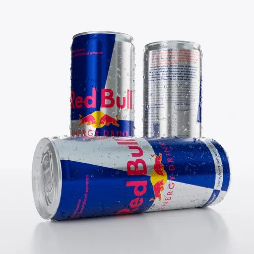 Hyper-realistic 3D rendered Red Bull cans with water droplets, perfect for Blender graphics projects.