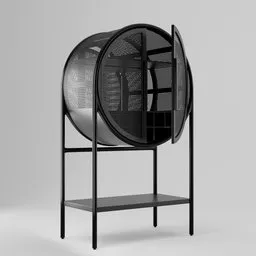 "Black bar furniture made of metal and wood for storing alcohol bottles and glasses, available as a detailed 3D model for Blender 3D software. Perfect for modernist or ukiyo-style designs."