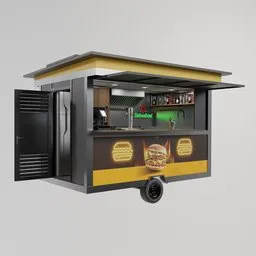 Detailed 3D rendering of food truck model with service window open, showcasing interior details, ideal for Blender scenes.