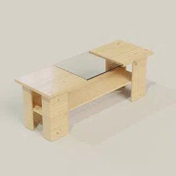Wooden 3D coffee table model with glass insert, ideal for Blender rendering, available for download.
