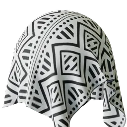 Seamless PBR material for Blender 3D featuring a black and white ethnic pattern fabric texture.