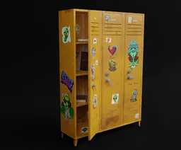 Detailed vintage school locker 3D model with stickers and open door, created in Blender.