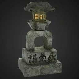 "Old Japan Post 3D model in Edo style, featuring stone lantern with a lit-up window on top and Top-down spotlight lighting. Ideal for historic or ancient-themed scenes creation in Blender 3D."