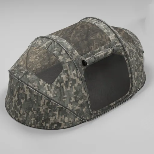 Highly detailed digital rendering of a camouflaged field tent for 3D projects.