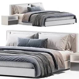 "Bed West Elm Flanged Edge Upholstered 3D model for Blender 3D. Grey-colored bed with a headboard and nightstand rendered in full HD and featuring an expressive color palette. Detailed product image with dimensions of 238cm x 210cm x 90cm and 412,563 polys."