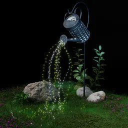 "PBR 3D model of a garden watering can light with illuminated stream, plants, and rocks, created in Blender 3D."