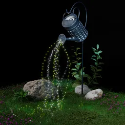 "Enhance your outdoor scene with this PBR Landscape Light 3D model for Blender 3D. Featuring a unique watering can design, bright cinema 4d lighting, and stunning fireflies, this exterior-other category model is perfect for your garden decor projects."