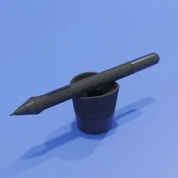"An artistic rendering of a generic graphic tablet pen and holder, in black and placed on a blue surface. This Blender 3D model showcases highly detailed and rounded forms, with a toon-shading effect that enhances its visual appeal."