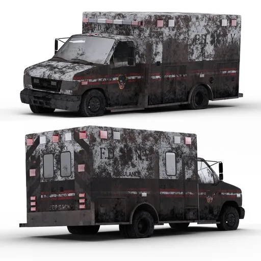 Detailed 3D model of a weathered, post-apocalyptic style ambulance, designed for Blender, with rugged textures.