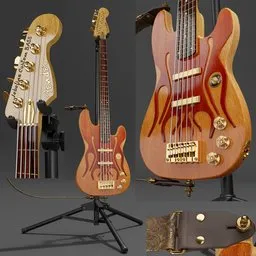 "Joboline Custom Bass by Fender - 5-string electric bass made of Okume wood with gold components, MEC pickups, and leather belt. Modeled in Blender 3D and displayed on a tripod guitar stand."