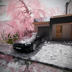 Mercedes in Modern Sub-Urban Street