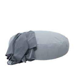 Highly detailed Blender 3D model of a grey fabric pouf with a realistic draped blanket.