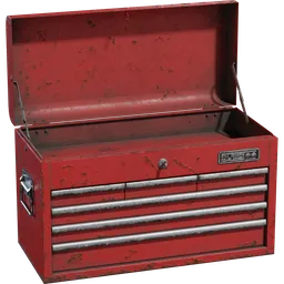 Red vintage-style 3D rendered metal tool chest with drawers, suitable for Blender projects.