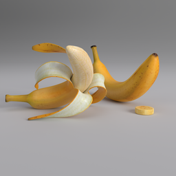 "High-quality 3D Banana Set for Blender featuring peeled and unpeeled bananas with fur simulation and specular reflections. Handmade with decimate mod, perfect for high detail renderings. Created by Eleanor Hughes using Autodesk 3D rendering and million point cloud technology."