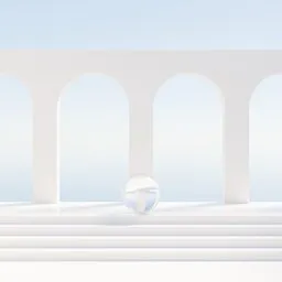 Minimalist 3D-rendered exterior scene with arched walls, stairs, and reflective sphere for creative design use.