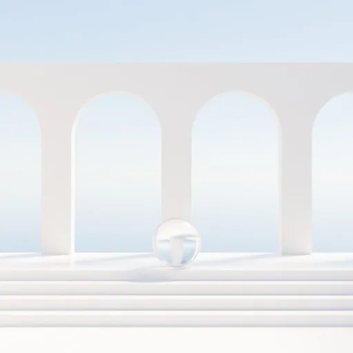 Minimalist 3D-rendered exterior scene with arched walls, stairs, and reflective sphere for creative design use.